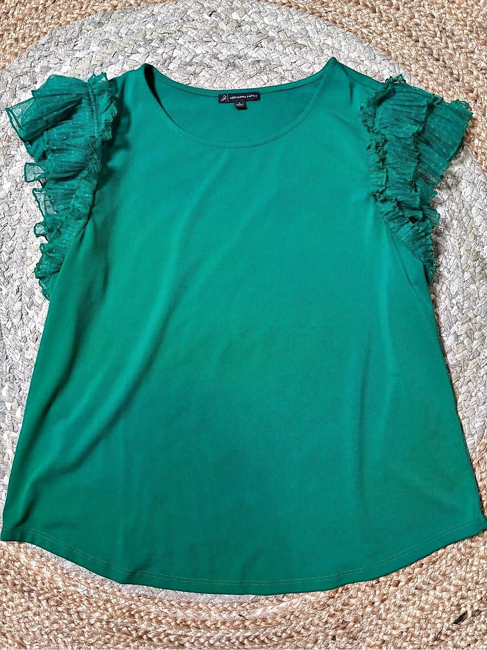 Adrianna Papell Double Flutter Sleeve Ruffle Neck Top Green Large